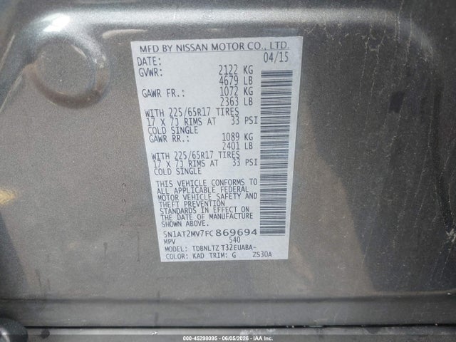 Aukcja sprzedaży 2015 Nissan Rogue Sv, vin: 5N1AT2MV7FC869694, numer aukcji: 45298095