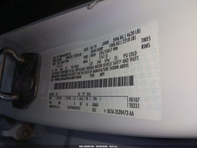 Продажа на аукционе авто 2019 Ford Escape Se, vin: 1FMCU0GD5KUB81906, номер лота: 45298106