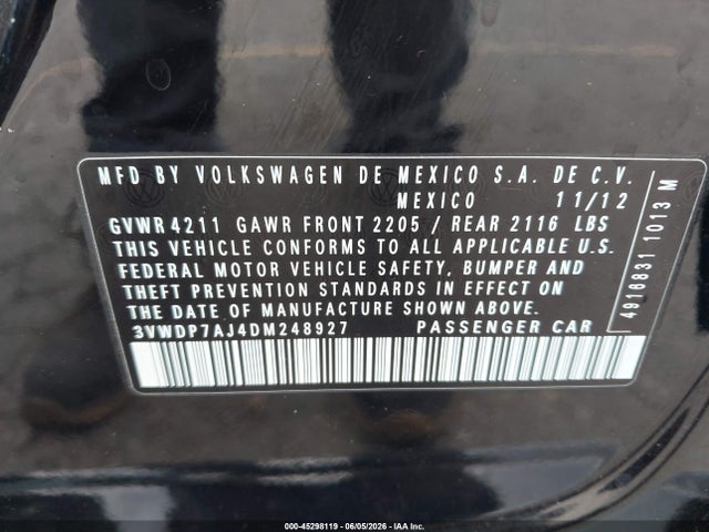 Aukcja sprzedaży 2013 Volkswagen Jetta 2.5l Se, vin: 3VWDP7AJ4DM248927, numer aukcji: 45298119