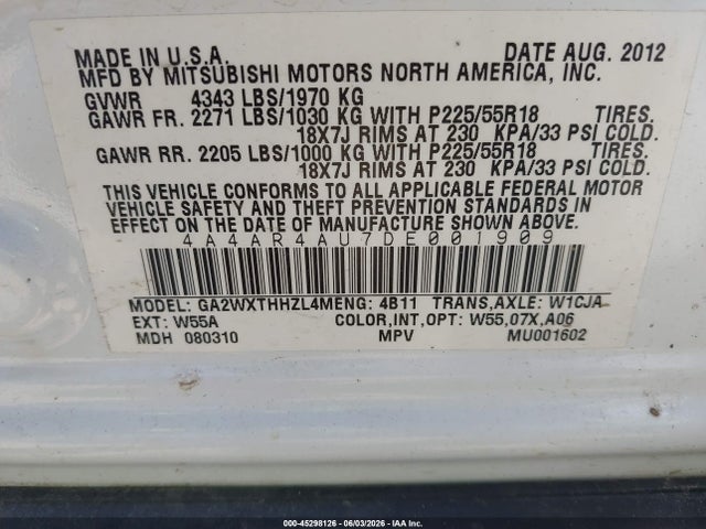 Продаж на аукціоні авто 2013 Mitsubishi Outlander Sport Se, vin: 4A4AR4AU7DE001909, номер лоту: 45298126