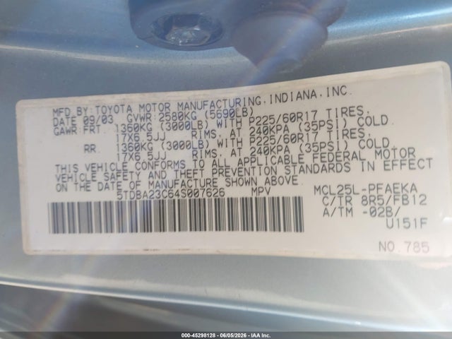 Aukcja sprzedaży 2004 Toyota Sienna Le, vin: 5TDBA23C64S007626, numer aukcji: 45298128