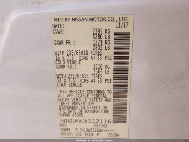 Auction sale of the 2018 Nissan Murano Sv, vin: 5N1AZ2MHXJN112116, lot number: 45298130