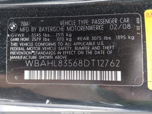 Продажа на аукционе авто 2008 Bmw 750i, vin: WBAHL83568DT12762, номер лота: 45298144