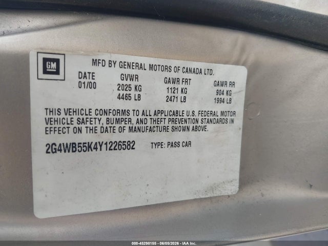 45298155 :رقم المزاد ، 2G4WB55K4Y1226582 vin ، 2000 Buick Regal Ls مزاد بيع