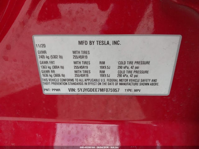Продажа на аукционе авто 2021 Tesla Model Y Long Range Dual Motor All-wheel Drive, vin: 5YJYGDEE7MF075957, номер лота: 45298164