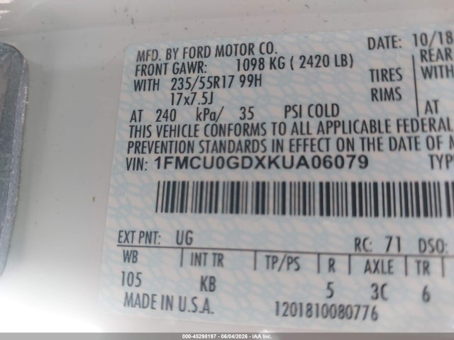 Продажа на аукционе авто 2019 Ford Escape Se, vin: 1FMCU0GDXKUA06079, номер лота: 45298197