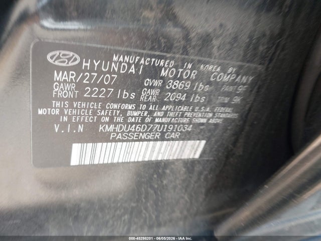 45298201 :رقم المزاد ، KMHDU46D77U191034 vin ، 2007 Hyundai Elantra Gls/limited/se مزاد بيع