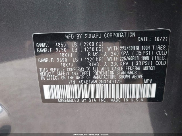 Продажа на аукционе авто 2022 Subaru Outback Limited, vin: 4S4BTAMC2N3149179, номер лота: 45298206