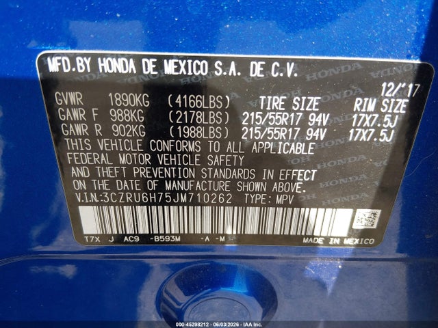 Aukcja sprzedaży 2018 Honda Hr-v Ex-l, vin: 3CZRU6H75JM710262, numer aukcji: 45298212