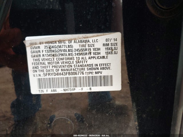 45298222 :رقم المزاد ، 5FRYD4H43FB006776 vin ، 2015 Acura Mdx Technology Package مزاد بيع