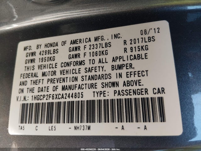 45298228 :رقم المزاد ، 1HGCP2F6XCA244805 vin ، 2012 Honda Accord 2.4 Se مزاد بيع
