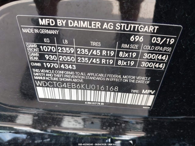 45298240 :رقم المزاد ، WDCTG4EB6KU016168 vin ، 2019 Mercedes-benz Gla 250 مزاد بيع