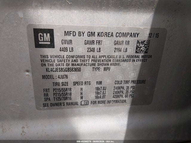 2016 Buick Encore მანქანა იყიდება აუქციონზე, vin: KL4CJESB5GB583650, აუქციონის ნომერი: 45298279