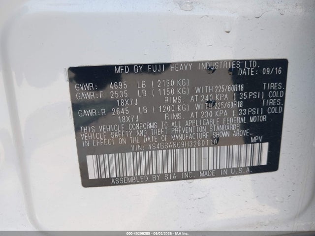 Продаж на аукціоні авто 2017 Subaru Outback 2.5i Limited, vin: 4S4BSANC9H3260110, номер лоту: 45298289