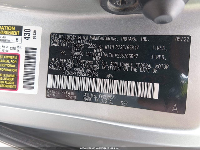 Aukcja sprzedaży 2022 Toyota Sienna Le, vin: 5TDKSKFC9NS062789, numer aukcji: 45298313