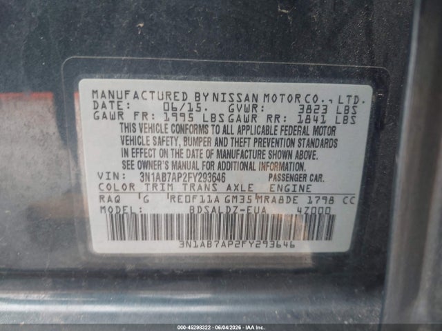 Aukcja sprzedaży 2015 Nissan Sentra Sv, vin: 3N1AB7AP2FY293646, numer aukcji: 45298322