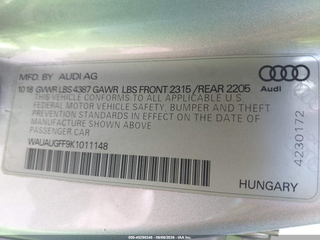 Продажа на аукционе авто 2019 Audi A3 40 Premium, vin: WAUAUGFF9K1011148, номер лота: 45298348