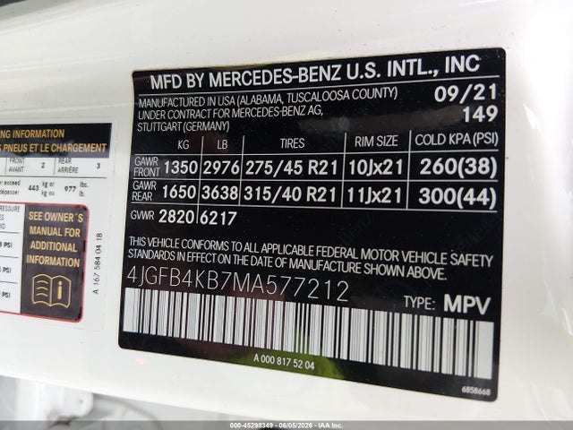Aukcja sprzedaży 2021 Mercedes-benz Gle 350 4matic, vin: 4JGFB4KB7MA577212, numer aukcji: 45298349