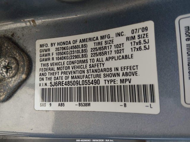 Продажа на аукционе авто 2009 Honda Cr-v Ex, vin: 5J6RE48509L055490, номер лота: 45298363