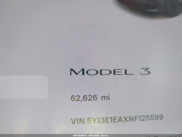45298376 :رقم المزاد ، 5YJ3E1EAXNF125599 vin ، 2022 Tesla Model 3 Rear-wheel Drive مزاد بيع