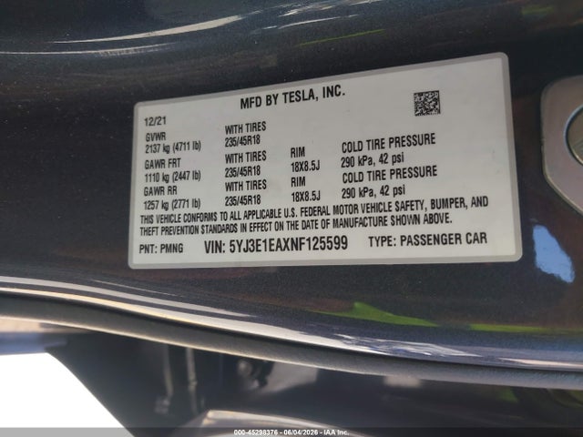 Aukcja sprzedaży 2022 Tesla Model 3 Rear-wheel Drive, vin: 5YJ3E1EAXNF125599, numer aukcji: 45298376