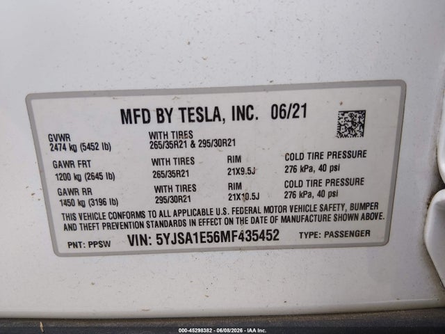 2021 Tesla Model S Long Range Dual Motor All-wheel Drive მანქანა იყიდება აუქციონზე, vin: 5YJSA1E56MF435452, აუქციონის ნომერი: 45298382