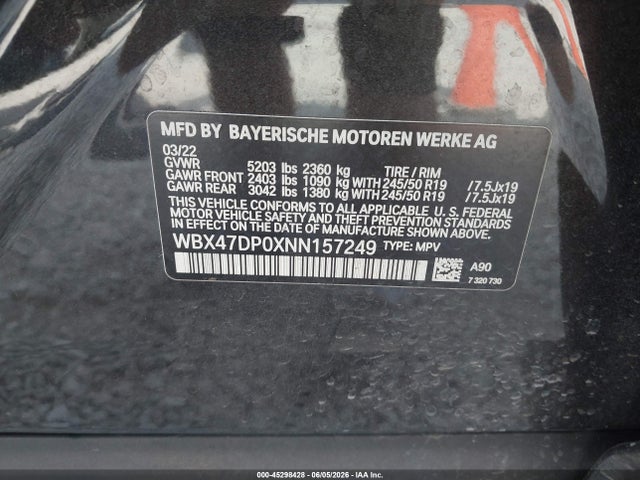 45298428 :رقم المزاد ، WBX47DP0XNN157249 vin ، 2022 Bmw X3 Sdrive30i مزاد بيع