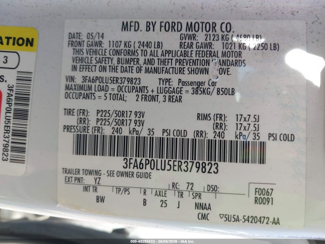 2014 Ford Fusion Hybrid Se მანქანა იყიდება აუქციონზე, vin: 3FA6P0LU5ER379823, აუქციონის ნომერი: 45298433