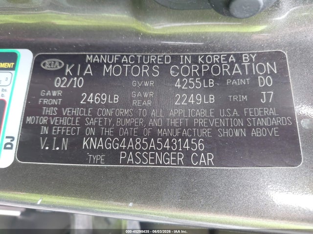 2010 Kia Optima Lx მანქანა იყიდება აუქციონზე, vin: KNAGG4A85A5431456, აუქციონის ნომერი: 45298435