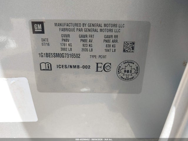 45298452 :رقم المزاد ، 1G1BE5SM0G7316502 vin ، 2016 Chevrolet Cruze Lt Auto مزاد بيع