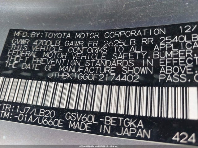 45298454 :رقم المزاد ، JTHBK1GG0F2174402 vin ، 2015 Lexus Es 350 Crafted Line مزاد بيع