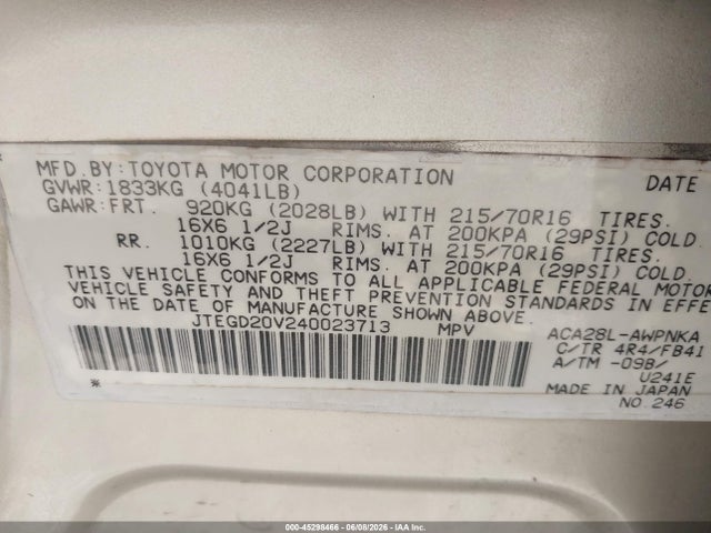 45298466 :رقم المزاد ، JTEGD20V240023713 vin ، 2004 Toyota Rav4 مزاد بيع