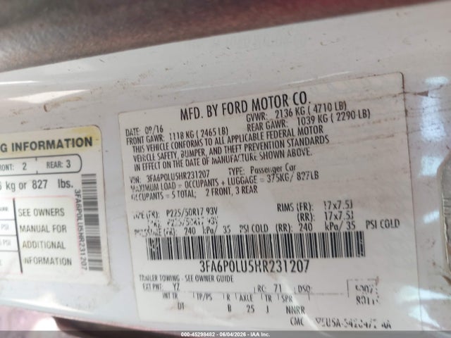 2017 Ford Fusion Hybrid Se მანქანა იყიდება აუქციონზე, vin: 3FA6P0LU5HR231207, აუქციონის ნომერი: 45298482