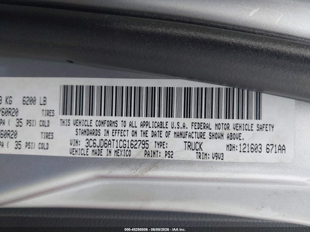 Продажа на аукционе авто 2012 Ram 1500 St, vin: 3C6JD6AT1CG162795, номер лота: 45298506