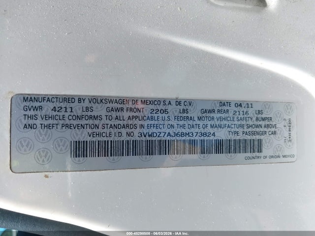 45298508 :رقم المزاد ، 3VWDZ7AJ6BM373824 vin ، 2011 Volkswagen Jetta 2.5l Se مزاد بيع