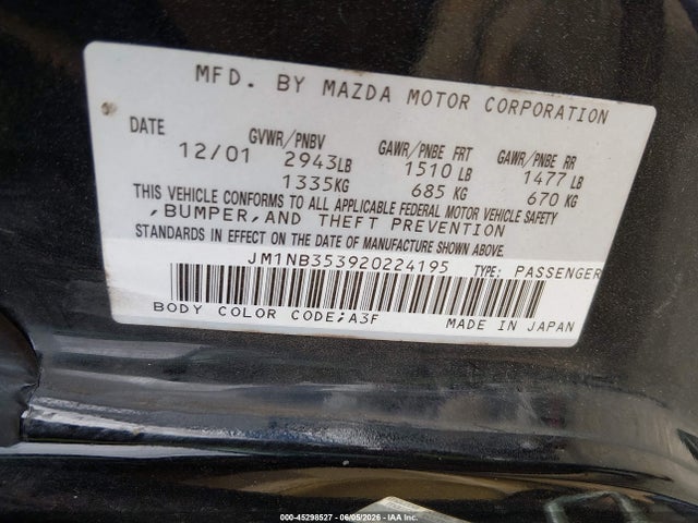 2002 Mazda Mx-5 Miata Cloth/ls/se მანქანა იყიდება აუქციონზე, vin: JM1NB353920224195, აუქციონის ნომერი: 45298527
