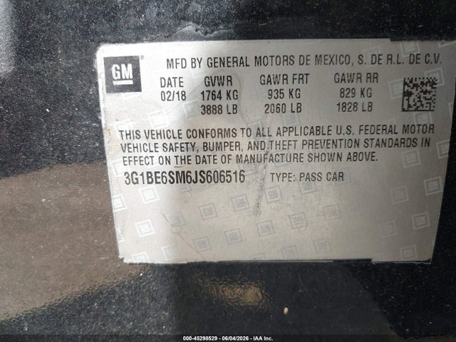 45298529 :رقم المزاد ، 3G1BE6SM6JS606516 vin ، 2018 Chevrolet Cruze Lt Auto مزاد بيع
