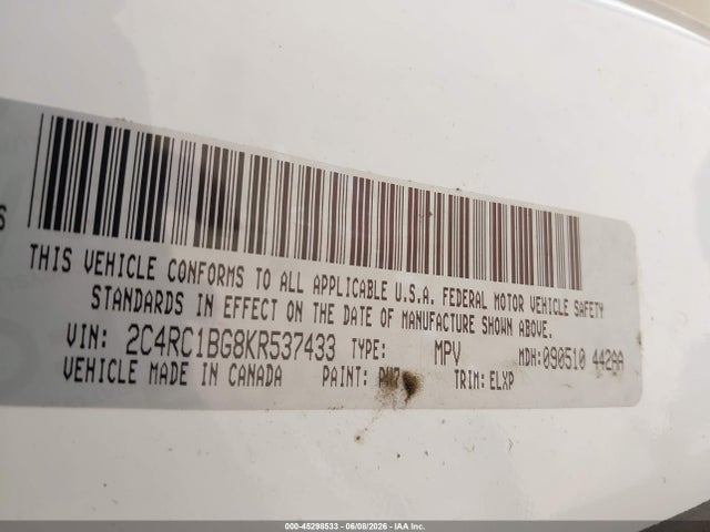 45298533 :رقم المزاد ، 2C4RC1BG8KR537433 vin ، 2019 Chrysler Pacifica Touring L مزاد بيع
