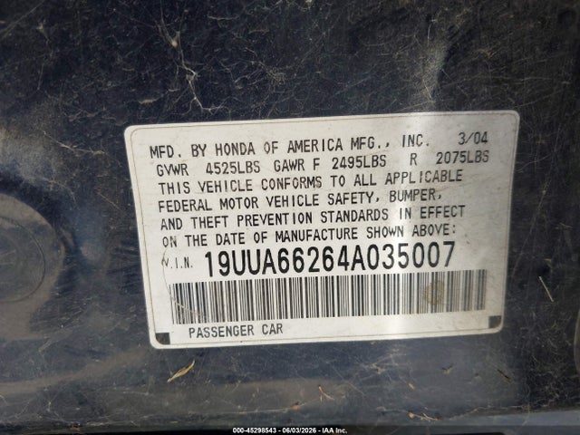 Aukcja sprzedaży 2004 Acura Tl, vin: 19UUA66264A035007, numer aukcji: 45298543
