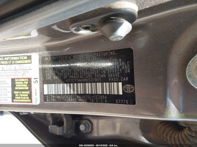 2021 Toyota Camry Le მანქანა იყიდება აუქციონზე, vin: 4T1C11AK4MU537805, აუქციონის ნომერი: 45298550