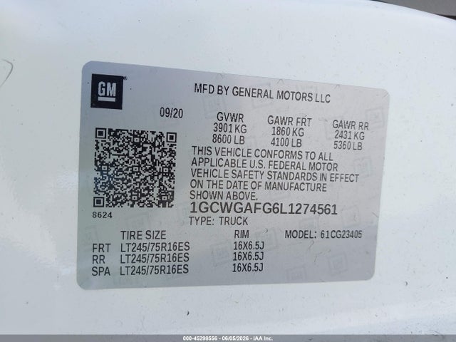 Продажа на аукционе авто 2020 Chevrolet Express Cargo Rwd 2500 Regular Wheelbase Wt, vin: 1GCWGAFG6L1274561, номер лота: 45298556