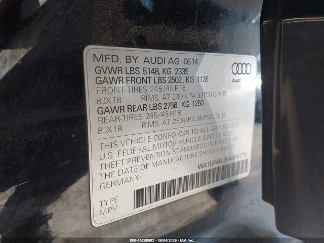 45298582 :رقم المزاد ، WA1UFAFL2FA006774 vin ، 2015 Audi Allroad 2.0t Premium مزاد بيع
