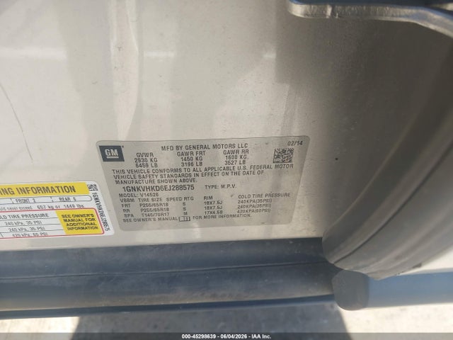 1GNKVHKD6EJ288575 Chevrolet Traverse 2lt