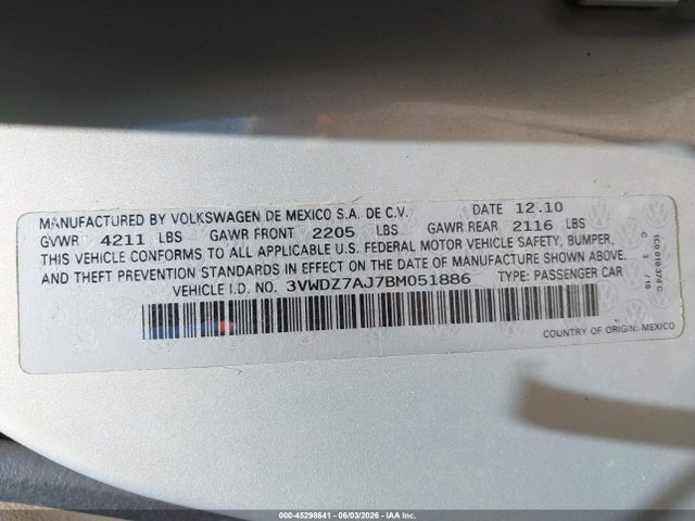 Продажа на аукционе авто 2011 Volkswagen Jetta 2.5l Se, vin: 3VWDZ7AJ7BM051886, номер лота: 45298641