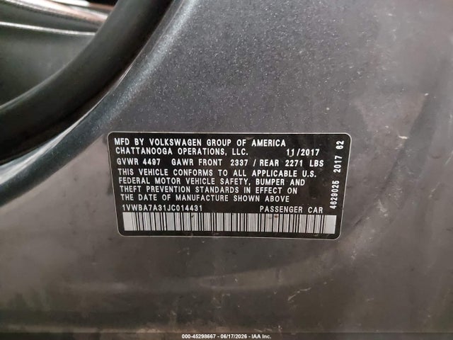Продажа на аукционе авто 2018 Volkswagen Passat 2.0t Se, vin: 1VWBA7A31JC014431, номер лота: 45298667
