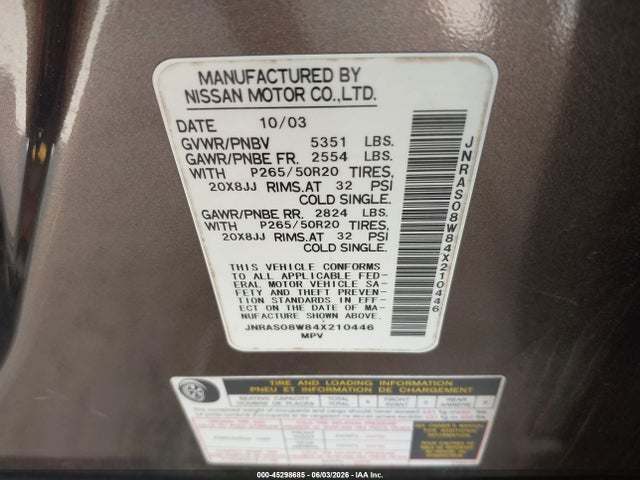 Продажа на аукционе авто 2004 Infiniti Fx35, vin: JNRAS08W84X210446, номер лота: 45298685