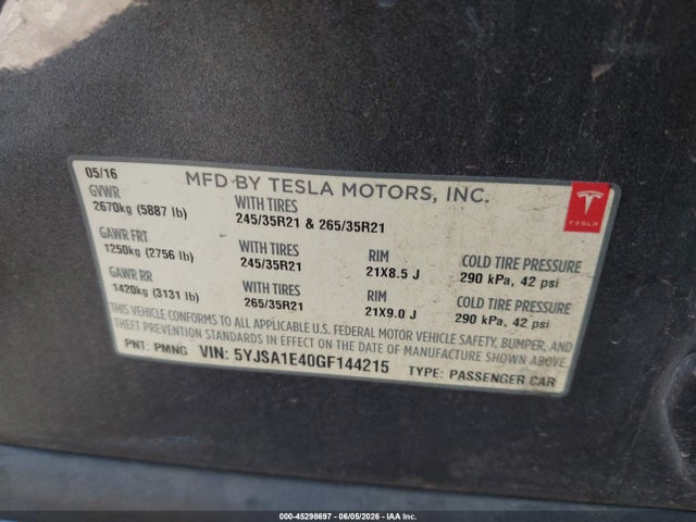 Tesla Model S 90d/p100d/p85d/p90d 2016 5YJSA1E40GF144215 Image 9