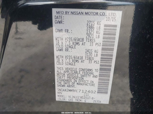 Aukcja sprzedaży 2015 Nissan Pathfinder Sv, vin: 5N1AR2MM9FC712402, numer aukcji: 45298700