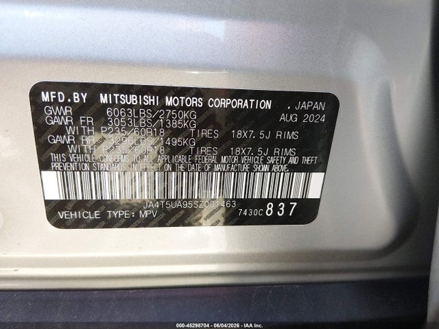 2025 Mitsubishi Outlander Phev Es S-awc მანქანა იყიდება აუქციონზე, vin: JA4T5UA95SZ001463, აუქციონის ნომერი: 45298704