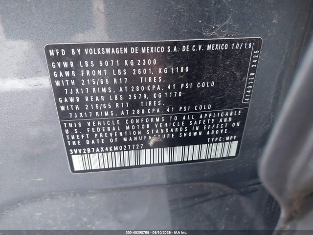 3VV2B7AX4KM027727 Volkswagen Tiguan 2.0t Se/2.0t Sel/2.0t Sel R-line/2.0t Sel R-line Black